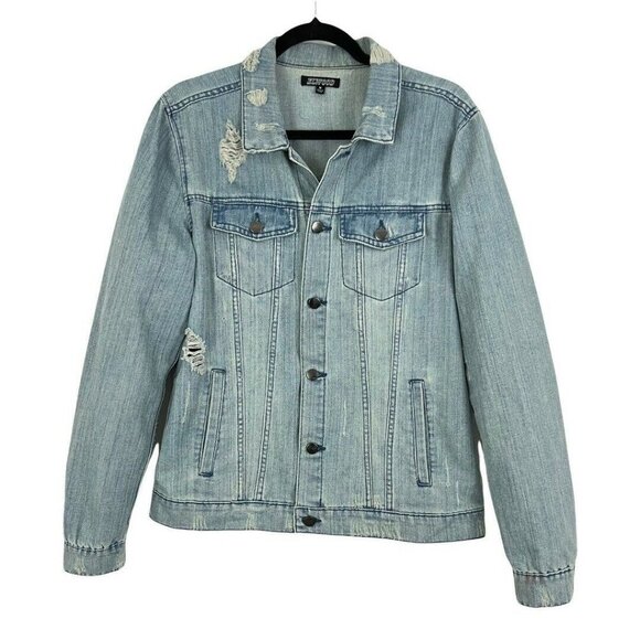 Elwood Mens Size Medium Distressed Legend Graphic Denim Trucker Jacket - Picture 2 of 7